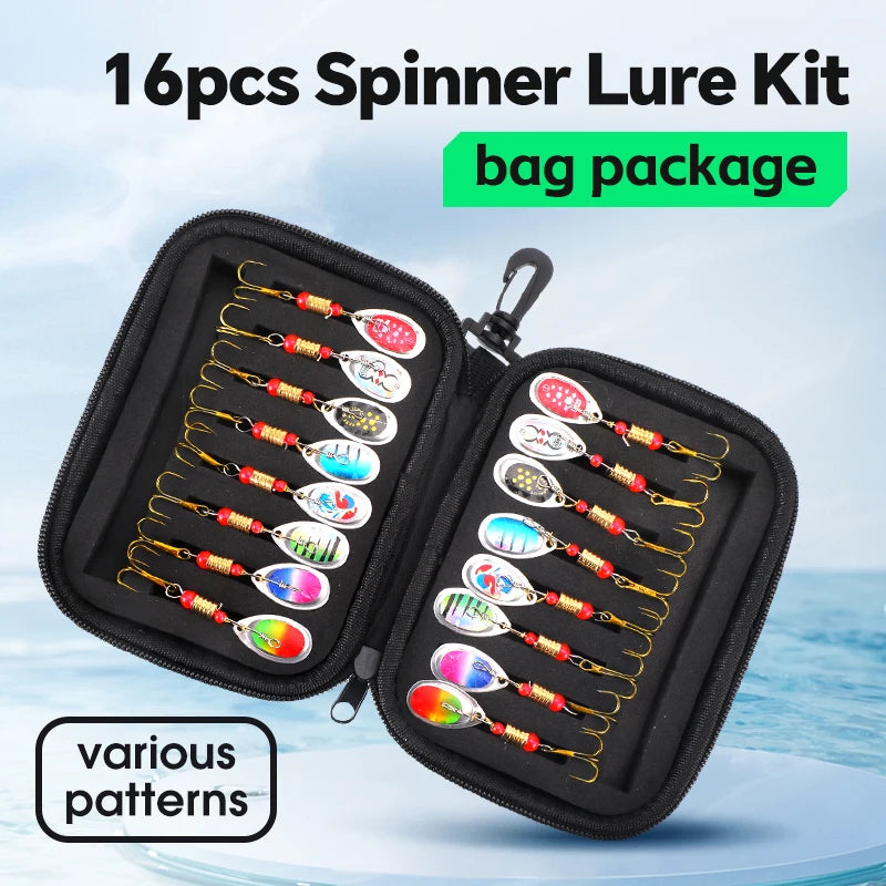 WEIHE-Metal Spoon Fishing Lures, Wobblers Spinner Bait, Sequins Lure, Feather Pesca Combo, 3.7g, 16Pcs