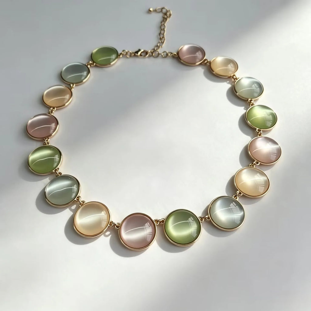 Women Choker Necklace Gold Plated Alloy Chain,Multicolor Round Resin Cat Eye Stone Statement Necklace Fashion Party Jewelry Gift
