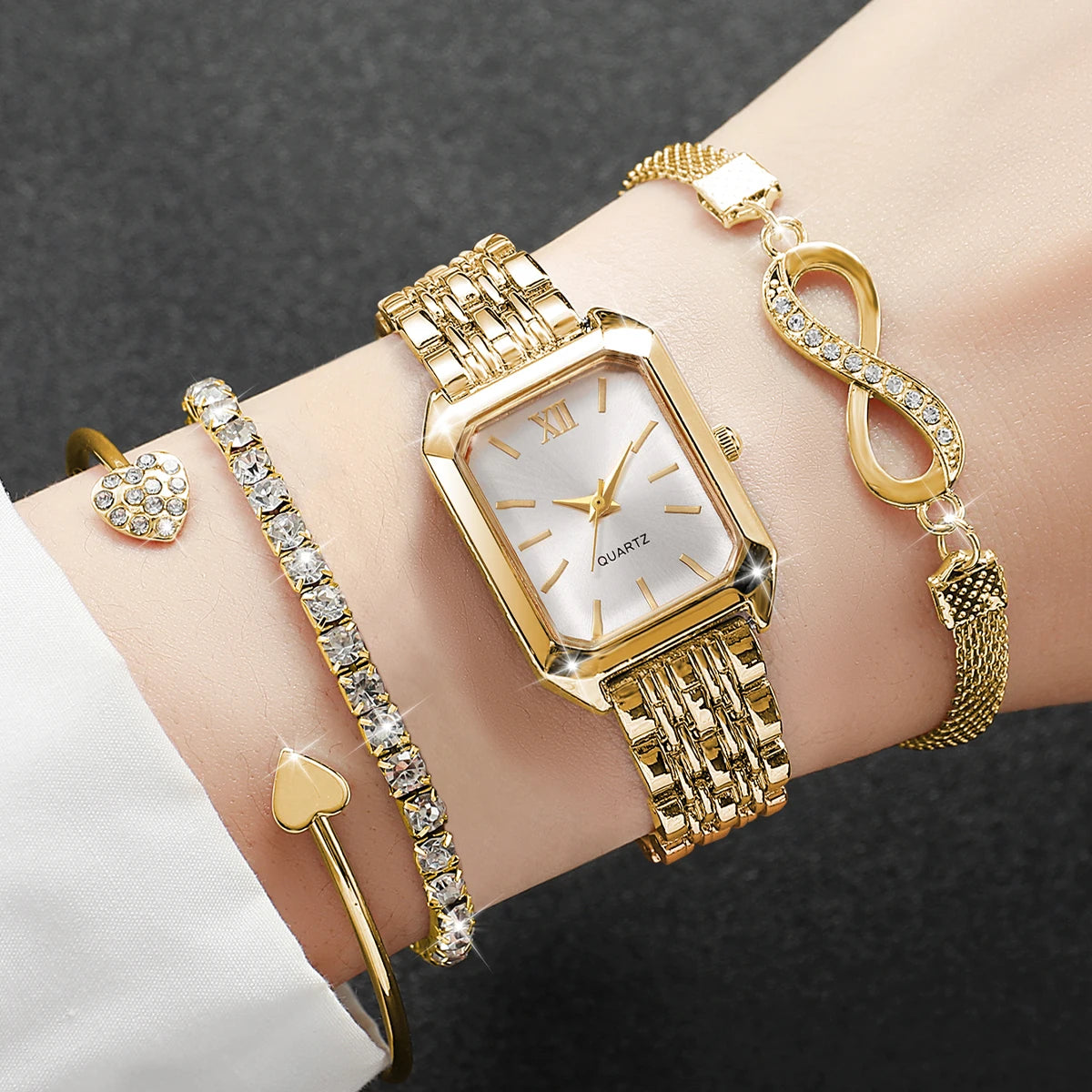 4PCS Fashion Women Watches Rhinestone Bracelets Set Elegant Rectangle Ladies Roma Quartz Wristwatch Reloj Mujer(Without Box)