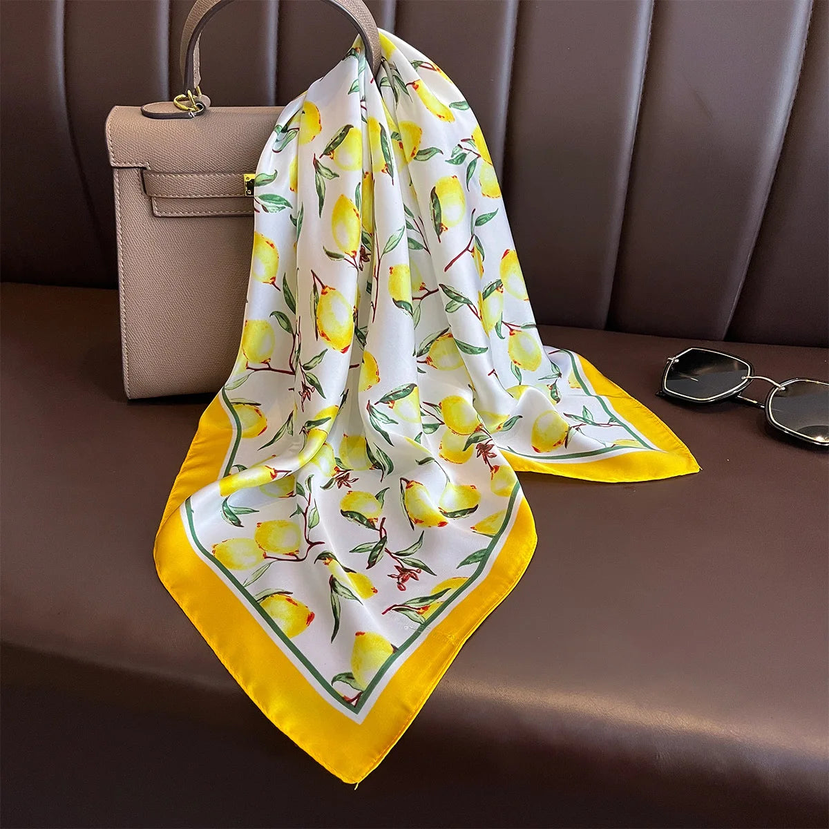 2025 New Yellow Lemon Print Square Silk Scarf for Women 70*70cm Neck Ties Fashion Decorate Neckerchief Female Hijab Bag Ribbions