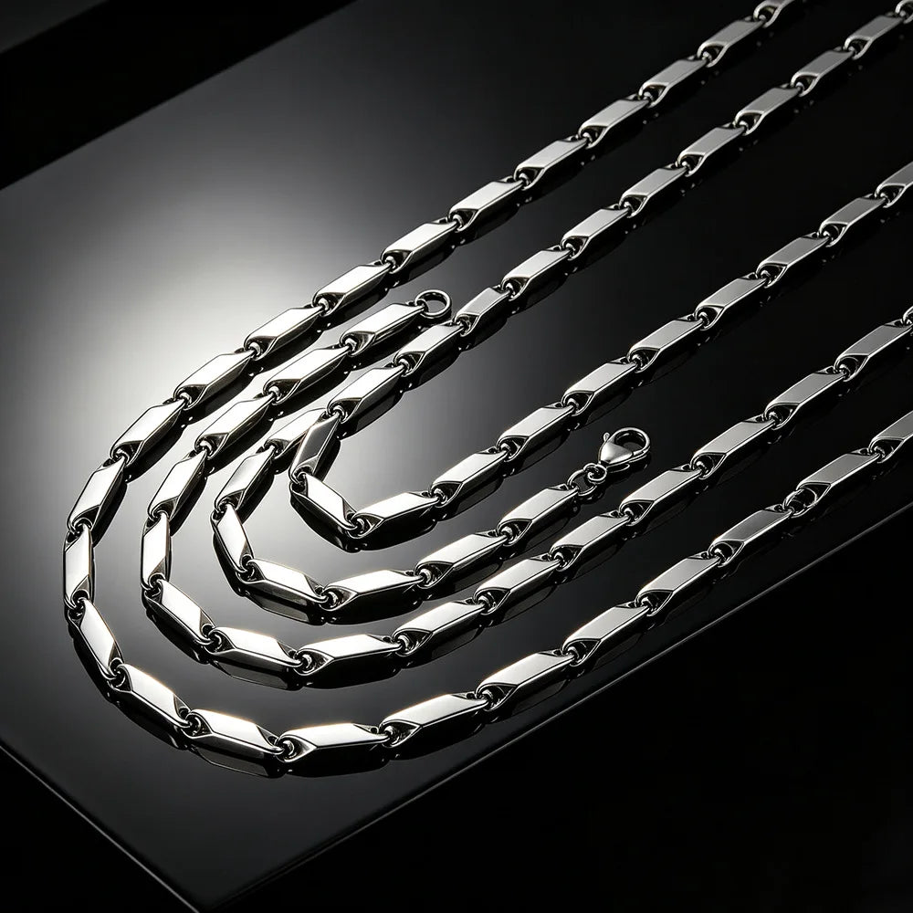 HNSP 316L Stainless Steel Men Necklace Bamboo Rice Bead Chain Silver Color Waterproof Simple Link Chain For Men Women Jewelry