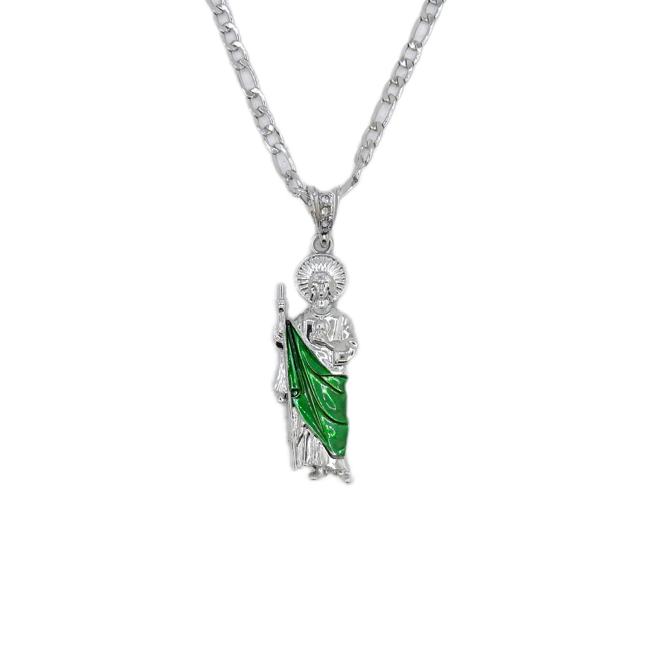 Saint Jude Necklace 14K Gold Plated San Judas Pendant Figaro Chain
