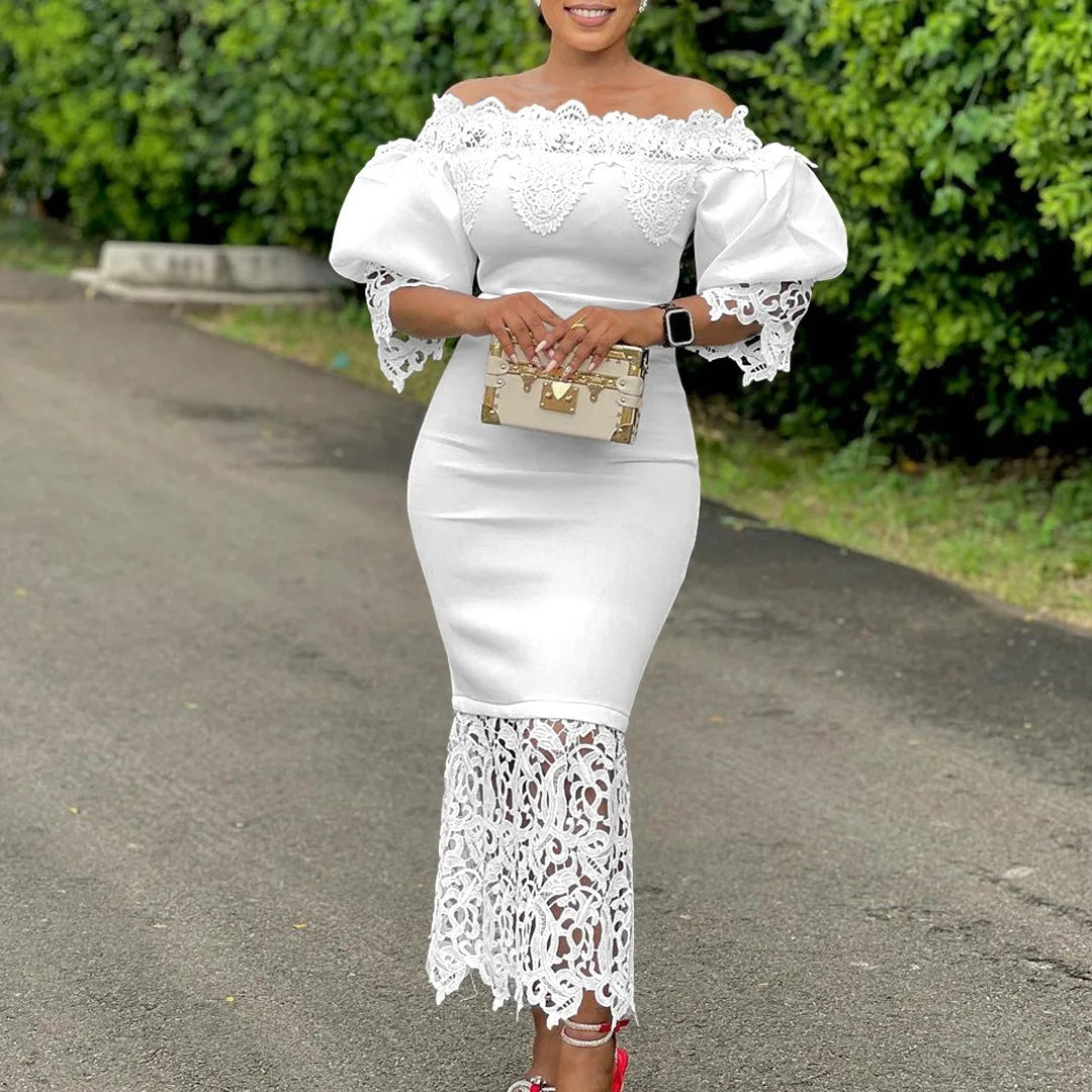 Dashiki African Women Gown Hollow Out Party Dress Sexy Long Sleeve Round Neck Ladies Elegant Solid Pullover High Waist 2024
