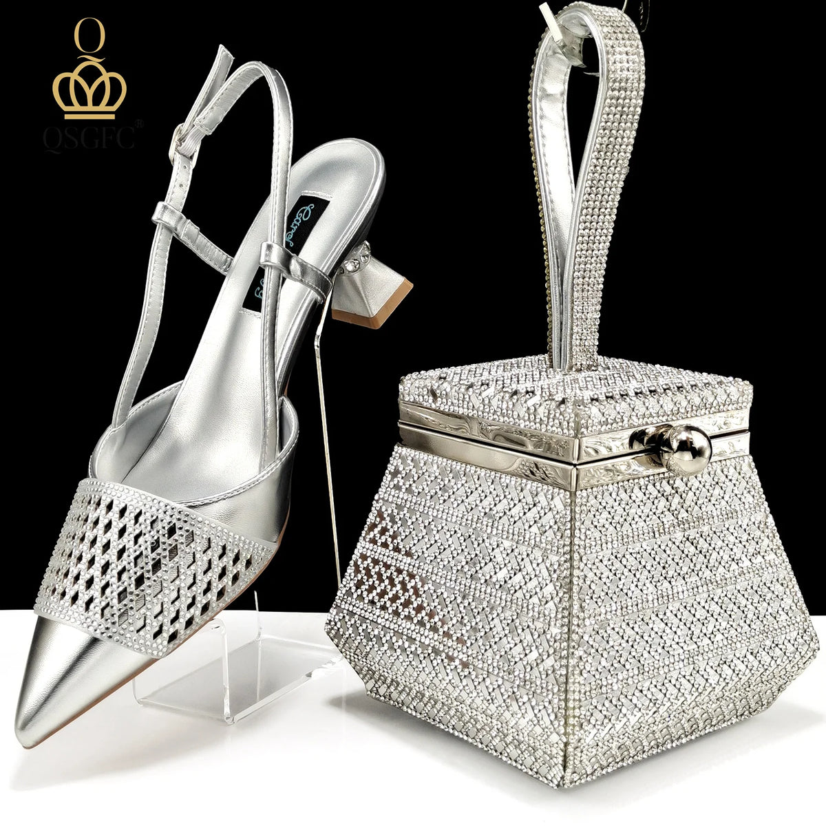 Fashion Three-Dimensional Hard Bag Sequins Decoration Lady Fashion Elegant Shoes and Bag Set Women Shoes