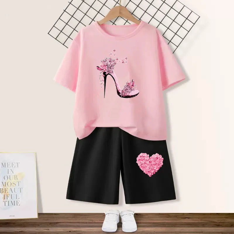 2024 Summer Girls Cotton Clothing Sets Kids Cute Cartoon Butterfly High Heel T-shirt +Shorts 2Pce Suits Childrens Tracksuits