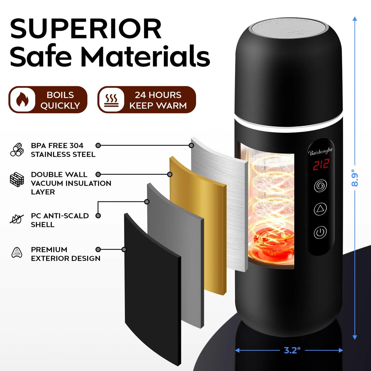 420ml Portable Car Heating Cup Electric Kettle 304 LED Smart Temperature Control Warmer Stirring Cup Heating Bottle Mixing Cup