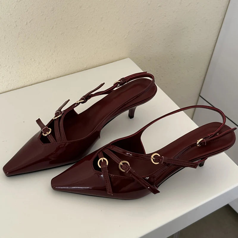 Aneikeh 2026 Designer Buckle Strap Narrow Band Pumps Women Sexy Pointed Toe Thin Heels Wedding Banquet Dress Mule Ladies Shoes