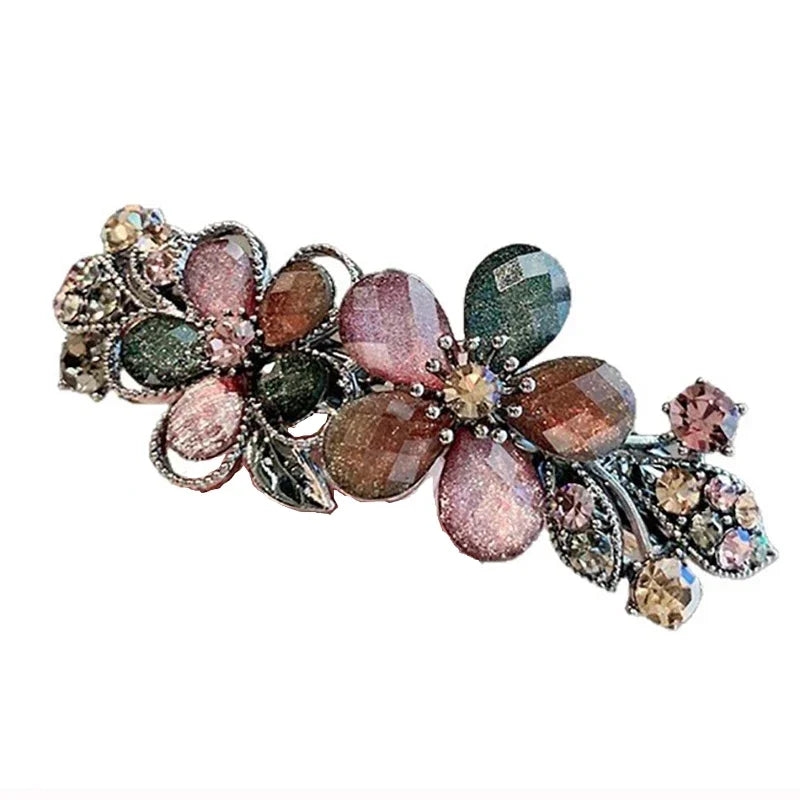 Elegant Colorful Rhinestone Flower Spring Hair Clip One Word Clip Women's Back of Head Half-tied Barrettes Hair Accessories