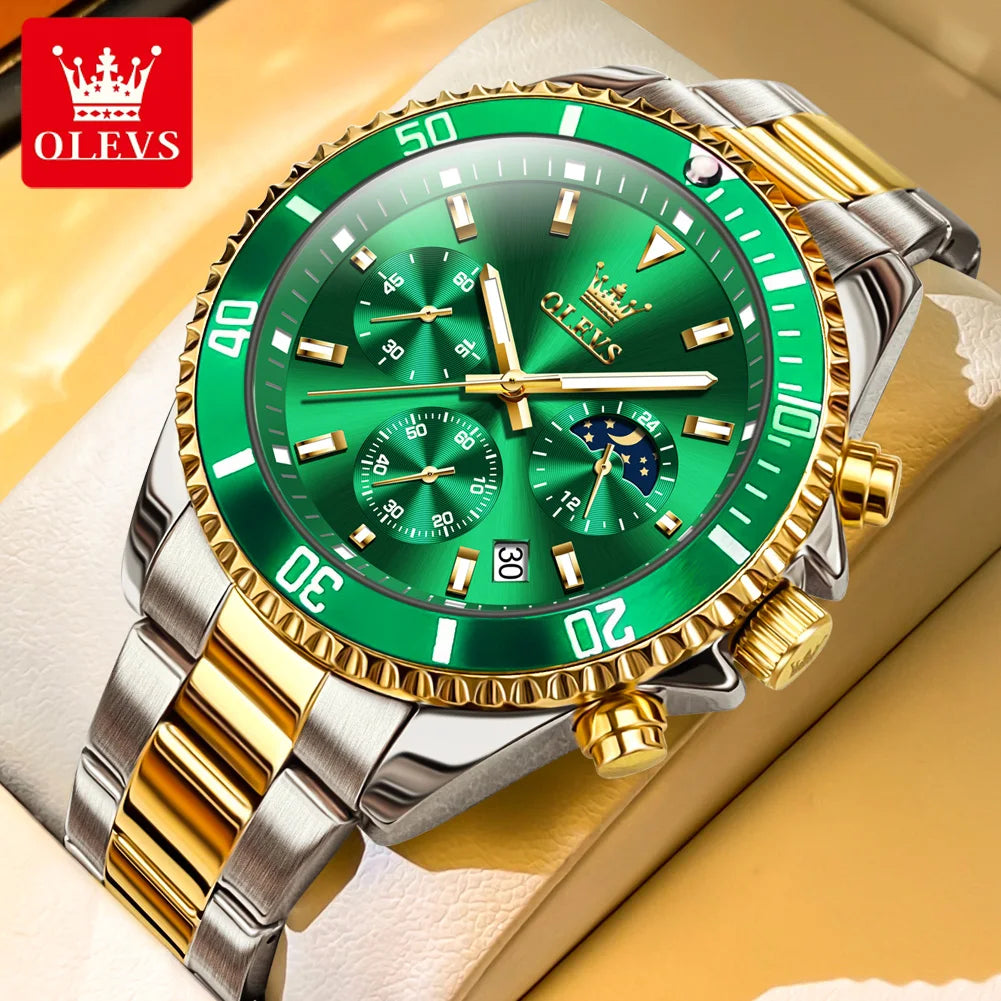 OLEVS 2870 Men's Watches Golden Stainless Steel Calendar Moon phase Chronograph 42.5mm Big Dial Men's Wristwatches Original