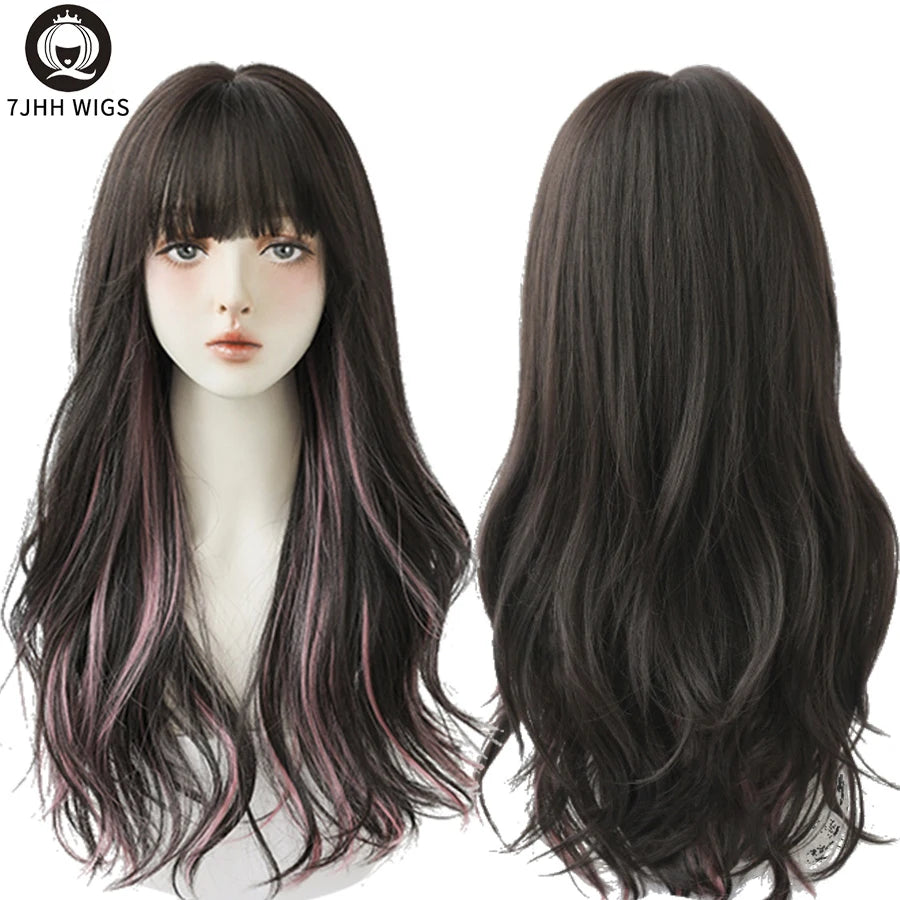 7JHH WIGS Long Wavy Curly Black Blonde Wig for Women Natural Highlight Synthetic Blend Wigs with Bangs Heat Resistant Hair Wig