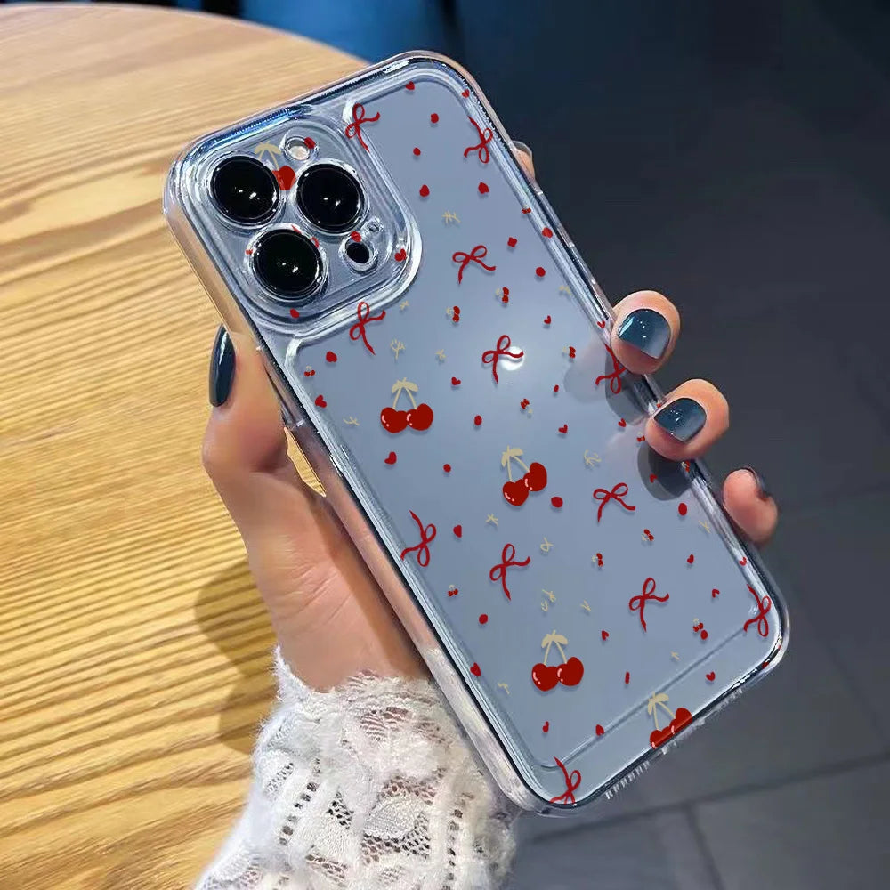 Transparent Cherry Painted Phone Case For iPhone 17 Pro Max  18 16 13 11 15 14 Plus 12 Air 16E Silicone Shockproof Funda Cover
