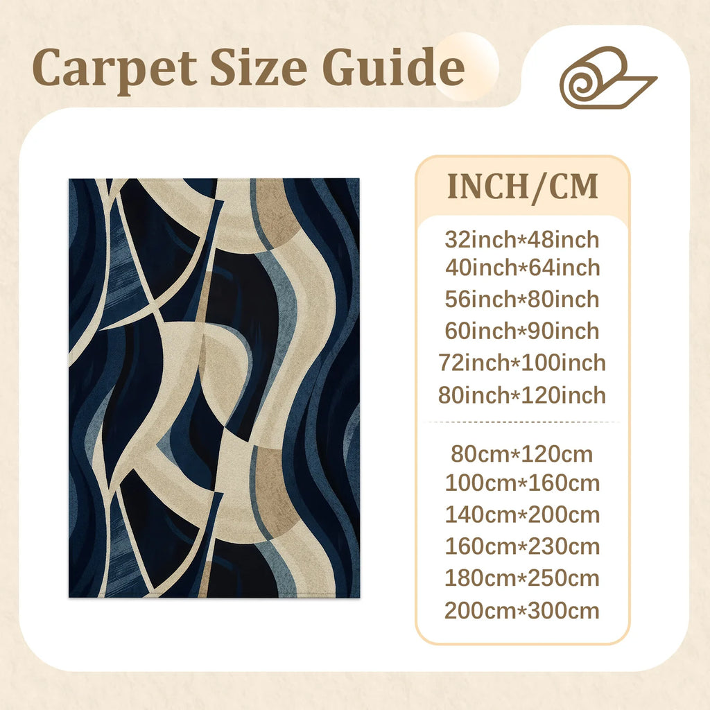 Large Indoor Area Rug, Soft Velvet Low Pile, Non-slip Dotted Backing, Machine Washable, Abstract Wavy Navy & Beige Pattern for Living Room and Bedroom