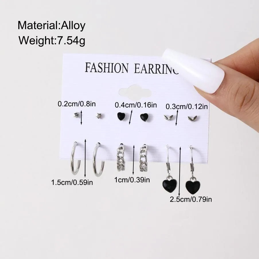 6 Pairs Korean Fashion Metal Start Heart Circle Small Earrings For Women Trend Black Heart Enamel Earrings Sweet Jewelry