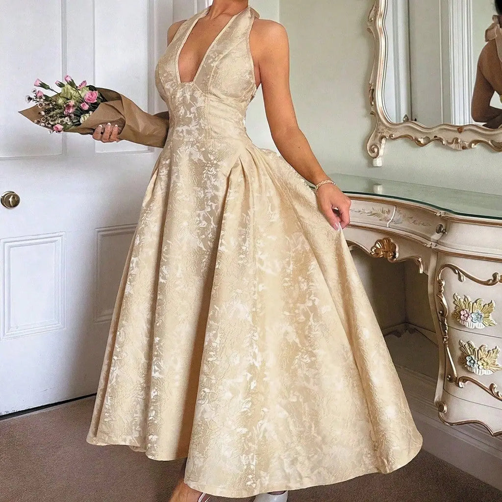 Giyu Club Evening Party Dresses Women 2025 Summer Sexy Bow Halter Long Dress Elegant Jacquard Lace Up Backless Birthday Robe