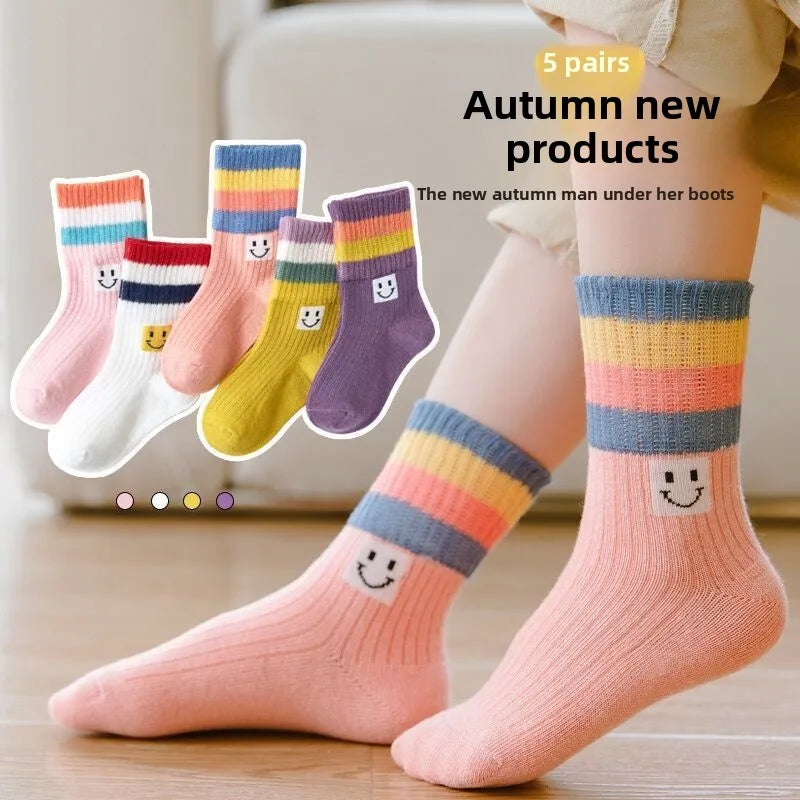 Cartoon Rainbow Striped Ankle Socks for Girls Kids - Spring Autumn Cotton Student Sports Socks Trendy Unisex Toddler Socks 4-12