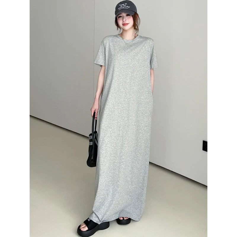 NYFS 2026 Korean Style Women's Summer Loose plus Size Dress Short Sleeve Solid Long Dress Robe Elbise
