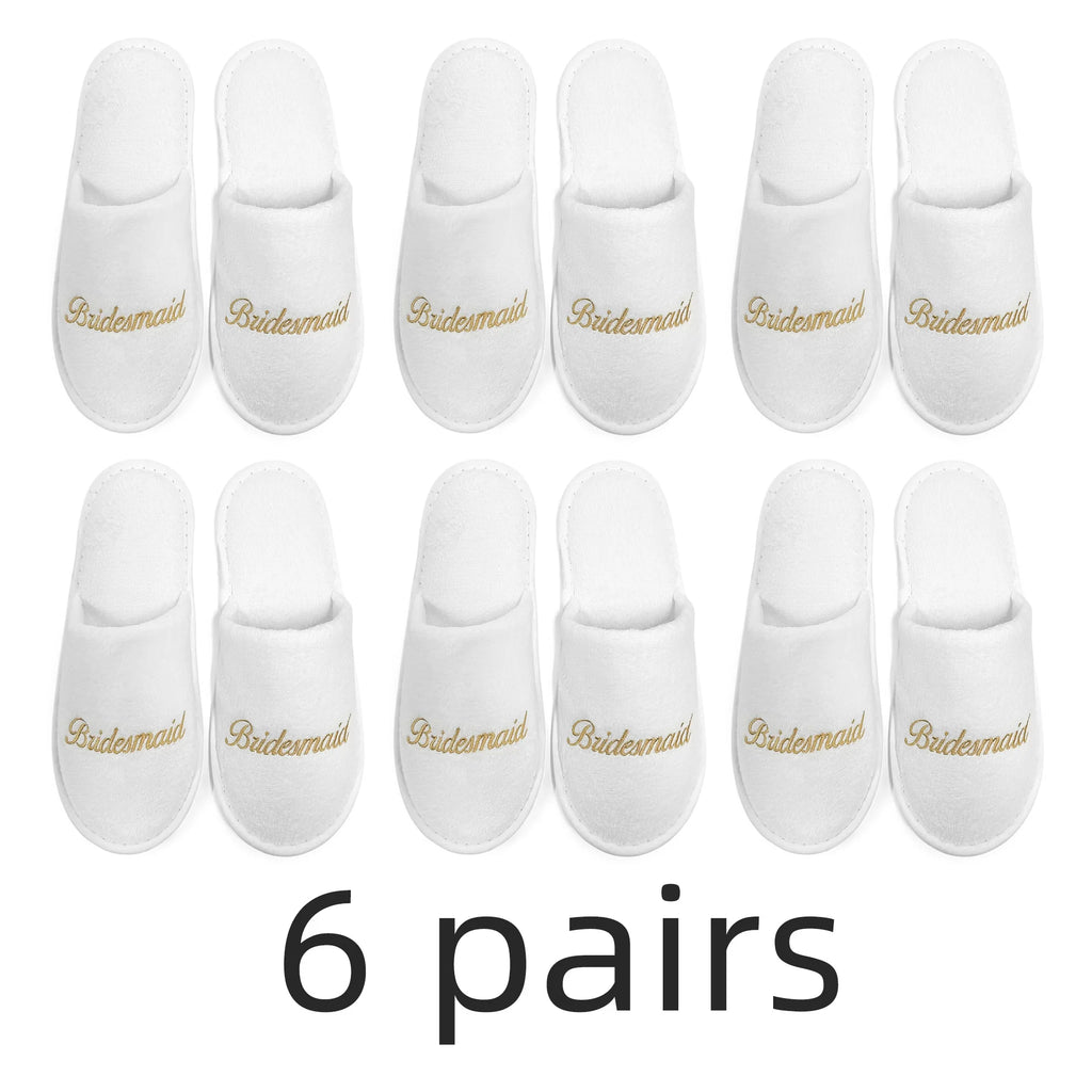 Bridal Party Slippers Set, Close-toe With Golden & Pink Embroidery, Lightweight Plush Cozy Flats, Non-slip Soft Sole For Bride
