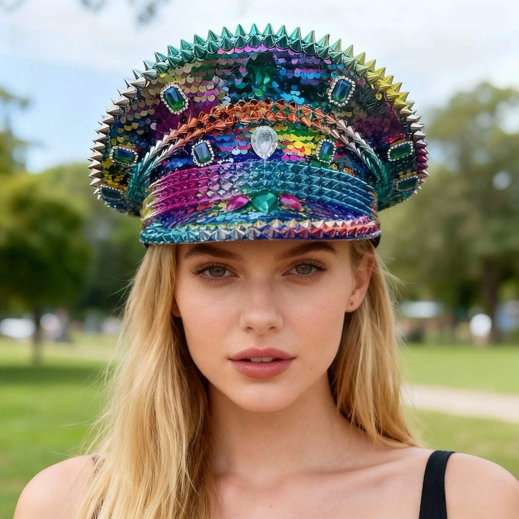 HongLuan Blue Steampunk Captain Hat Rhinestone for Burning Man Festival Woman, Vintage Military Accessories & Military Cap Man