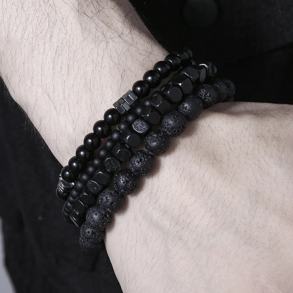 4Pcs/Set Black Gall Stone Volcanic Stone Wood Beads Multi-layer Men's Combination Elastic Bracelet For Couple Friends Jewelry