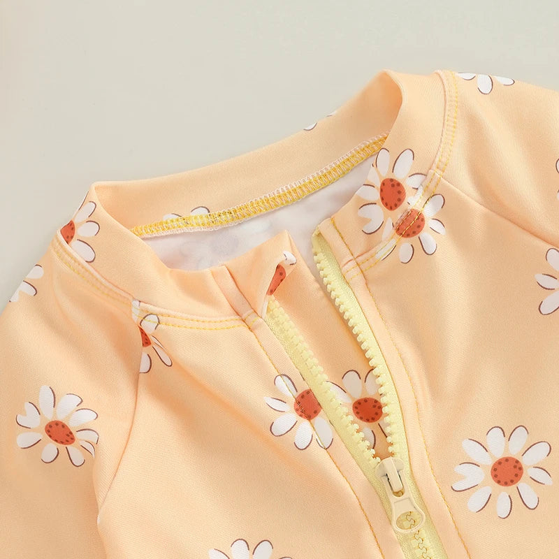 Infant Baby Girls Swimsuit with Hat Toddler Long Sleeve Flower Print Zipped Swimwear Bikini Children Swimwear Kids Bathing Suit