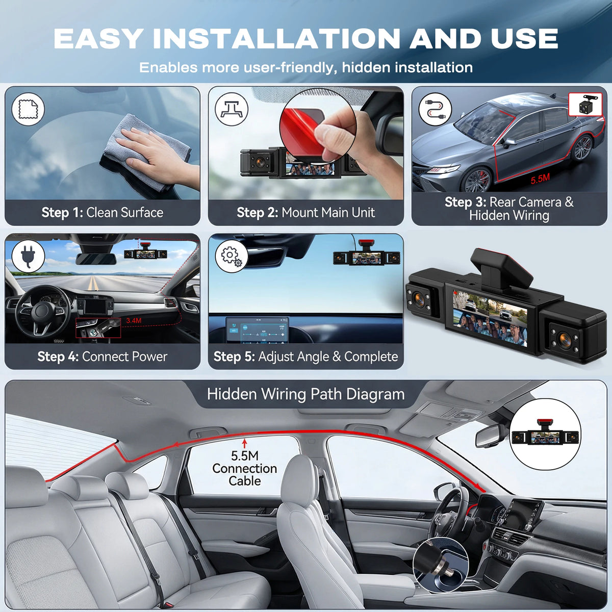 Podofo 3.16'' Dash Cam Four Lens Video Recorder With 480p Left Interior, Right Interior, And Rear View Cameras With Loop Recording, Exposure Compensation Car Parking, Driving Assistance Camera Recorder