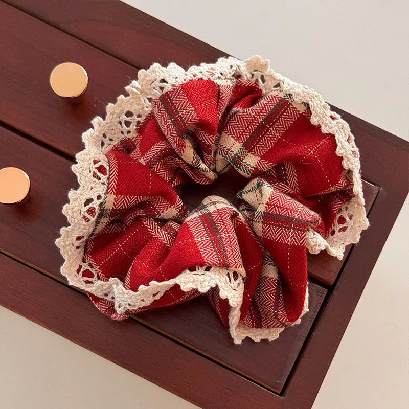 Red Lace Check Large Scrunchie Women's Superior New Year's Christmas Vibe Korean Scrunchie Headwear Hair Accessories for Girls