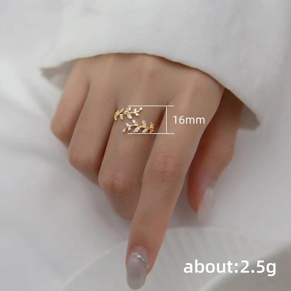 Huitan Fancy Leaf Design Adjustable Opening Rings for Women Sparkling Cubic Zirconia Olive Ring Party Daily Wear Fashion Jewelry