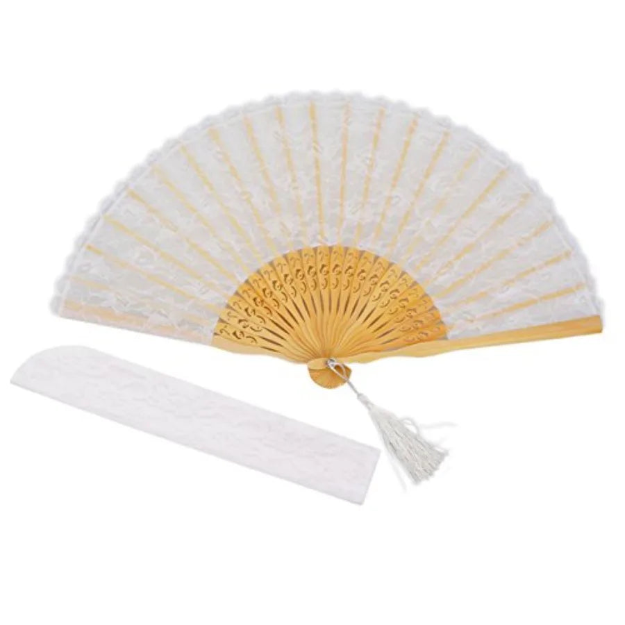 Chinese/Japanese Vintage Retro Style Bamboo Wood Silk Folding Hand Fan for Women 23cm with Tassel Pendant and Silk Pouch