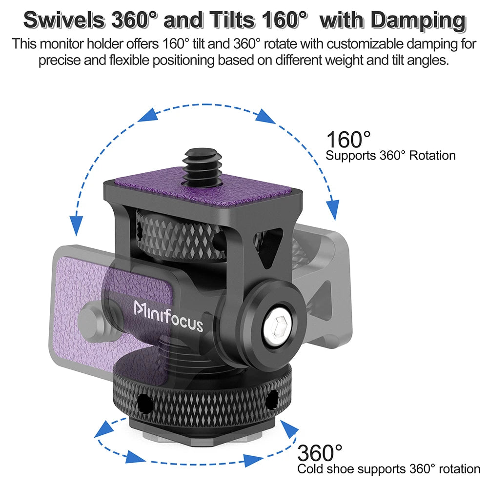 Minifocus Monitor Holder Cold Shoe Mount for Camera Field Monitors Microphone Hot Shoe 180 Degree Tilt Adjustable Mount Bracket