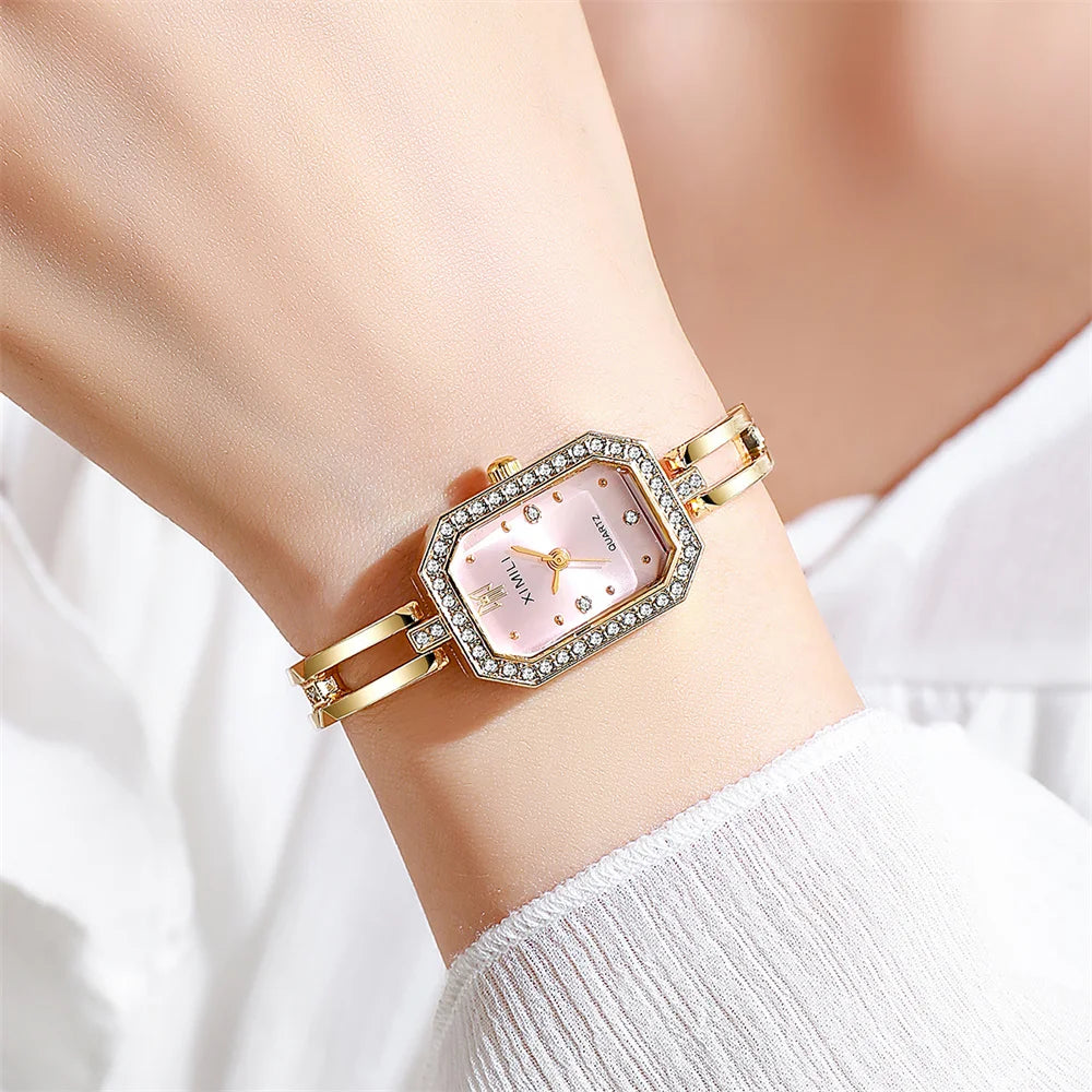 Ladies Fashion And Simple Diamond-Encrusted British Watch Casual Stainless Steel  Gold Bracelet Women's Dress Gift Wristwatch