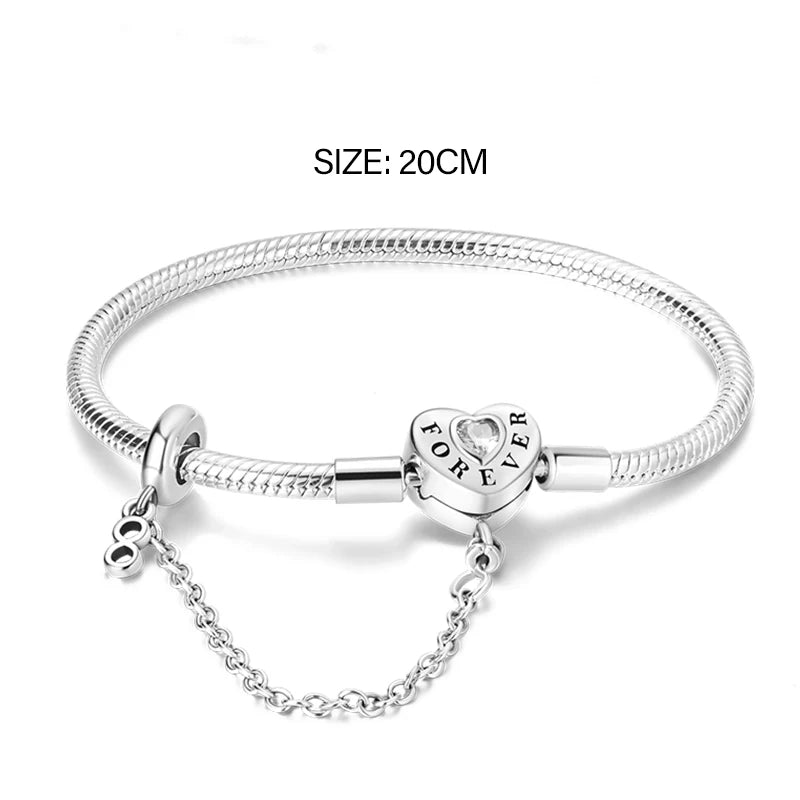S925 Silver Plated Snake Bone Pattern and Inlaid Heart-Shaped Bracelet For Women Fit DIY Charms Beads Fine DIY Birthday Jewelry