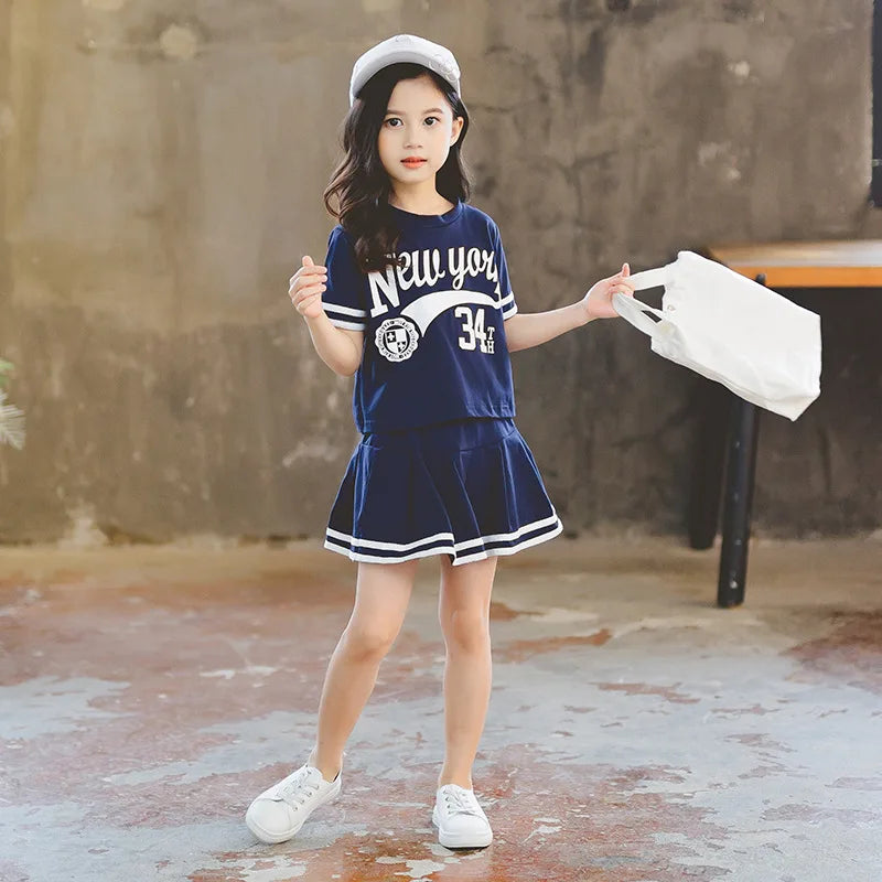 Summer Girls Clothes Suit Short-Sleeved+A-Line Skirt 2Pcs Set College Style Jk Uniform Children Clothing Baby Tracksuits
