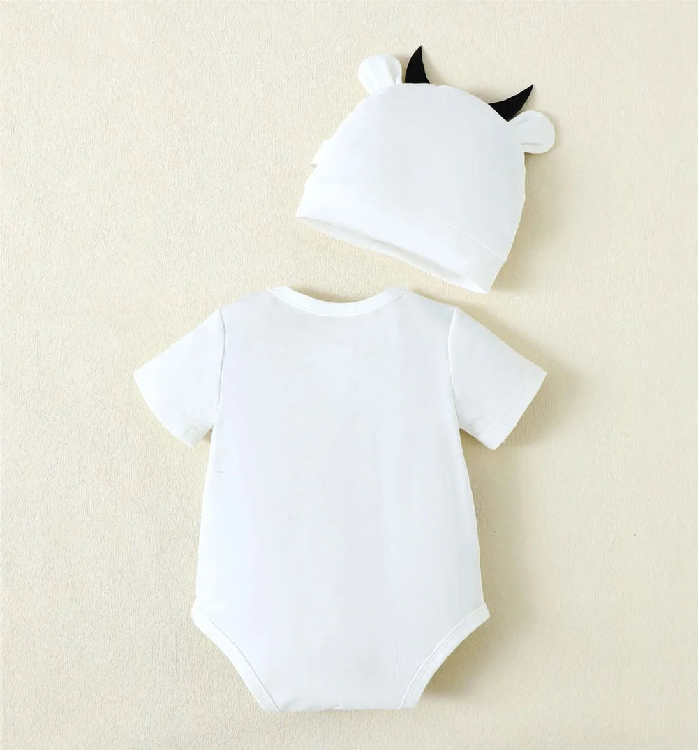 Newborn Baby Boy Cosplay Jumpsuit Cow Short Sleeved Bodysuit+Calf Hat Summer Lovely Romper for Infant Girl&Boy 0-9 Months