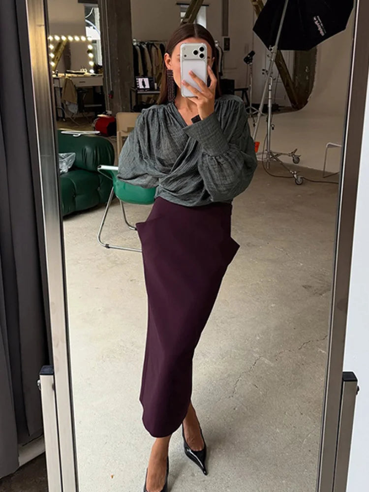 Structured Cut Pocket High Waist Midi Skirt Slim Fit Solid Color 2026 Autumn Fashion Elegant Women Bottom Trendy Chic Lady Skirt