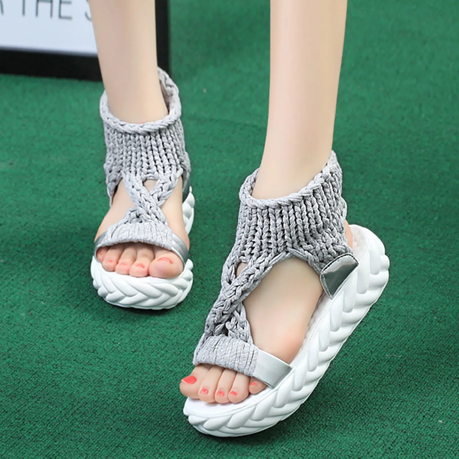 Sandals Women's Braided Knit O-Ring Fashion Platform Summer Gladiator Sandals Shoes Thick Heels Ladies Casual Sandalias Shoes