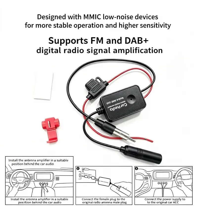 12V Vehicle-Mounted Active Antenna FM Car Radio Antenna Amplifier for Clear Reception