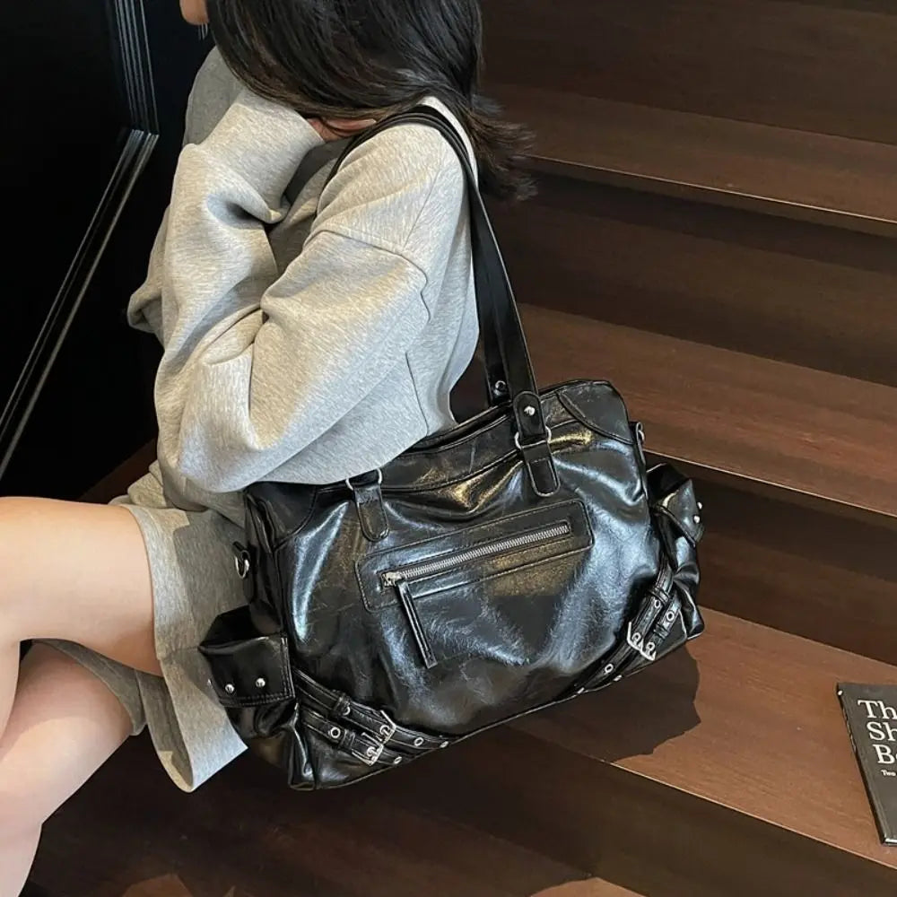 New Large Capacity PU Leather Tote Bag Y2K Style Zipper Closure Shoulder Bag Soft Interior Handbag Women Fashion