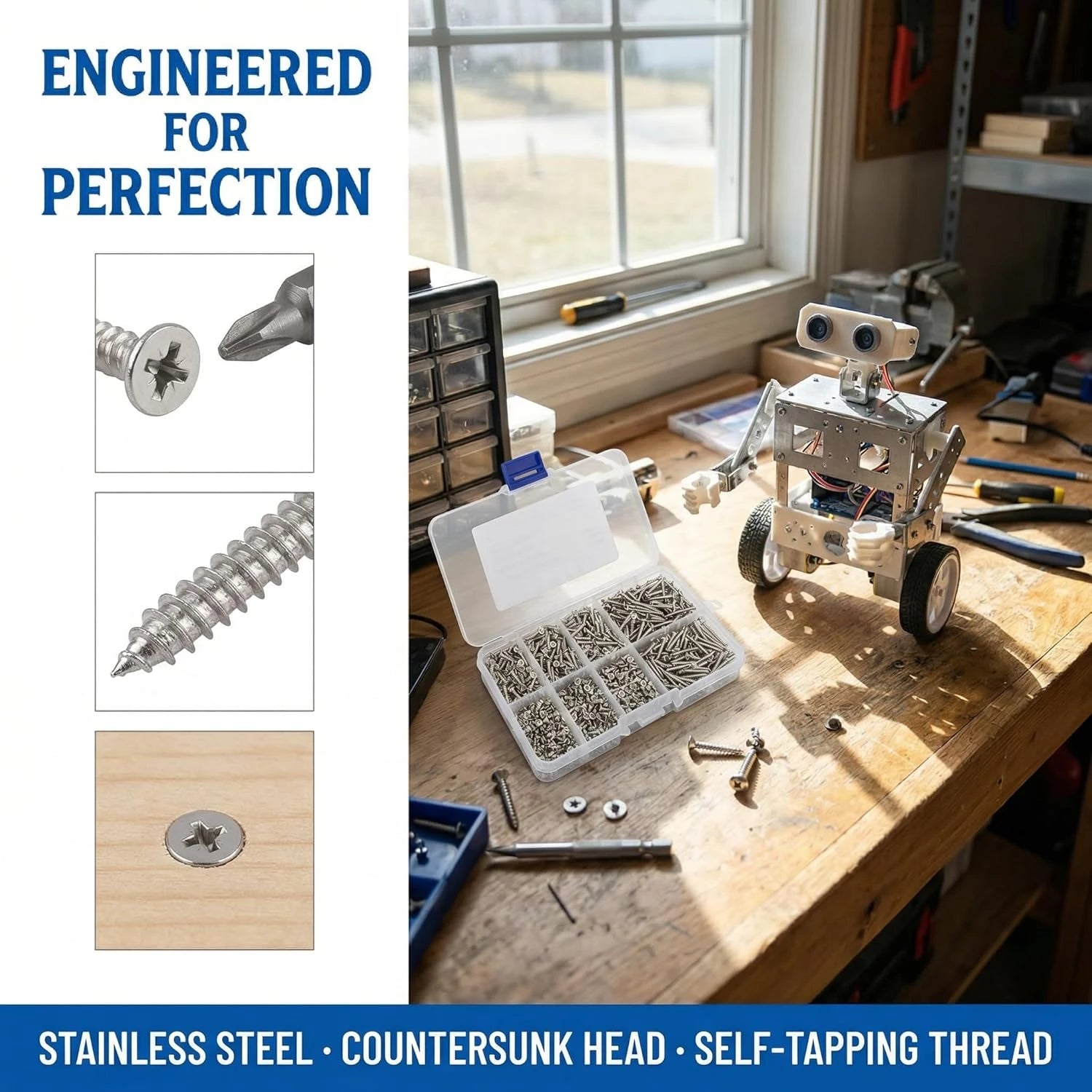 240-Piece Self-Tapping Wood Screw Set Box 8 Sizes M2 Flat Metal Screws Classification Kit for Home Improvement