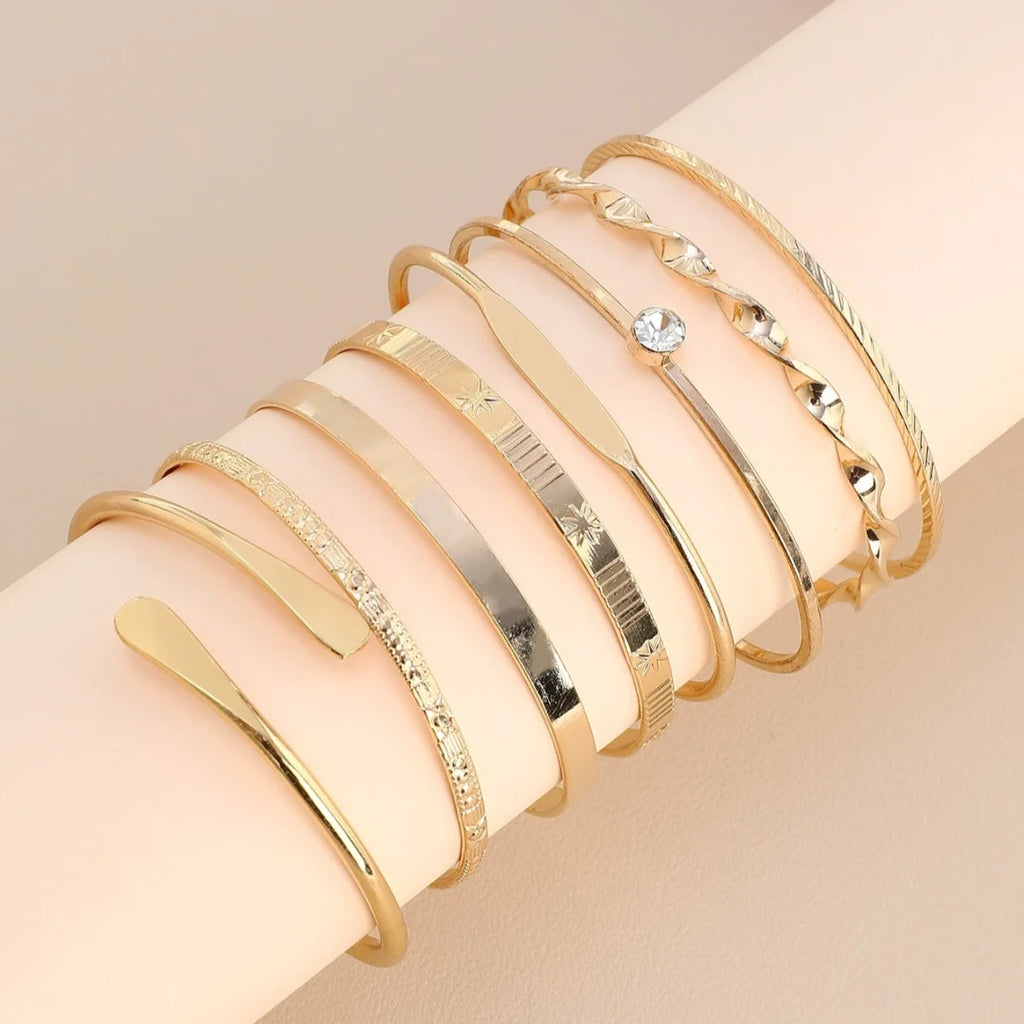 8pcs/set Fahsion Twist Texture Crystal Geometric Bangles Bracelets Set for Women Statement Jewelry Accessories