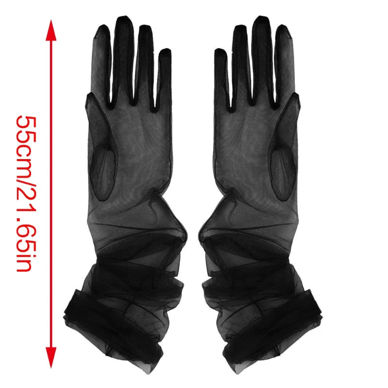 Long Thin Mesh Gloves Pearls Lace Gloves Summer Ruched Tulle Pearls Mittens Fingerless Gloves for Wedding Party Dress Costume