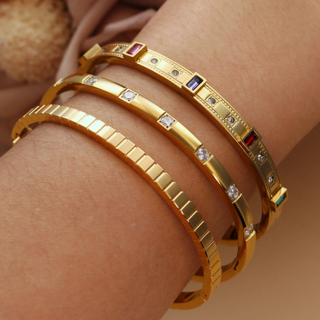 C8 Inlay Square Small Coloured Zircon Stainless Steel Gold Color Stacking Bracelet, Cubic Zircon Design Women's Jewellery Bangle