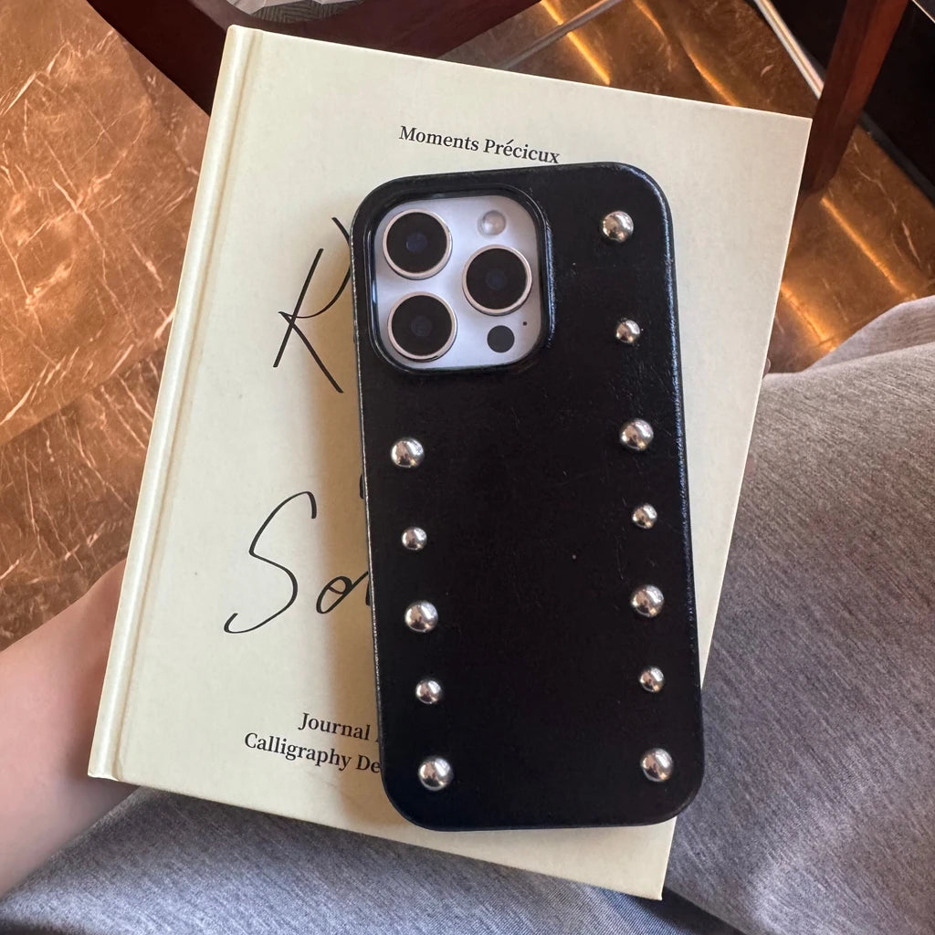 Advanced Black Leather Stereoscopic Metal Rivets Round Bead Shock Proof Phone Cover Case for iPhone 17 16 15 14 Pro Max 17Air