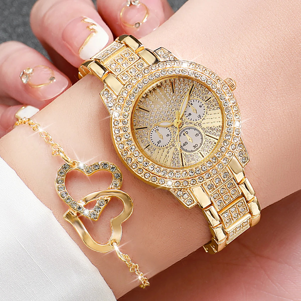 6PCS Luxury Rhinestone Women Watch Jewelry Set Ladies Fashion Alloy Strap Quartz Wristwatch Reloj Mujer Girls Clock(Without Box)
