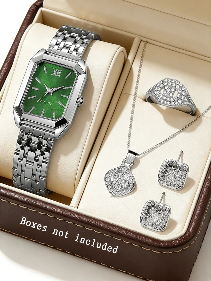 Casual Fashion Square Quartz Watch And Hollow Jewelry Set wi Steel Strap Birthday Gift No Box