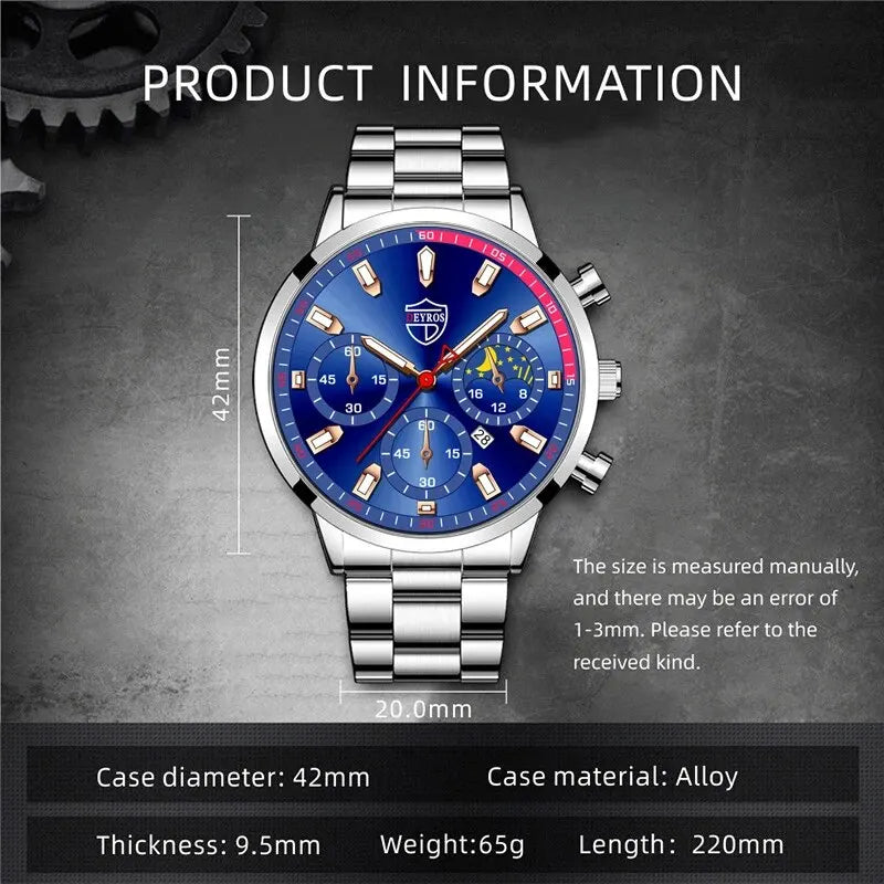 DEYROS Luxury Men Silver Quartz Wristwatch Male Stainless Steel For Men Business Fashion Round Calendar Watch Luminous Clock