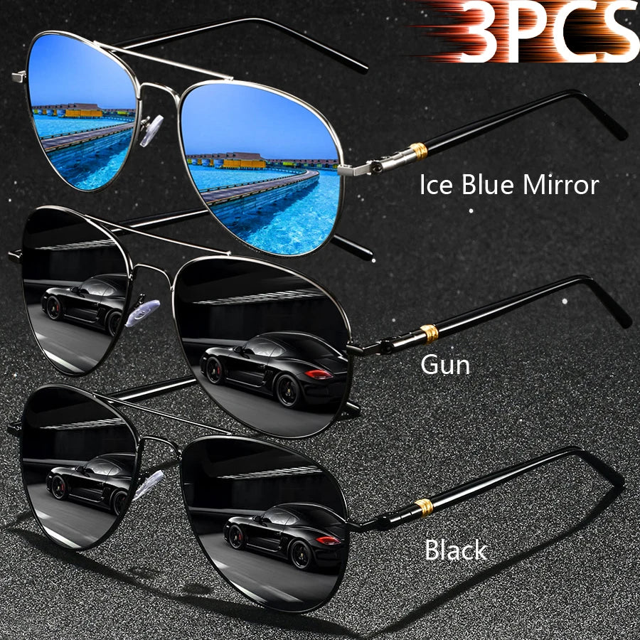 3PCS Fashion Vintage Square Metal Frame Sunglasses Men Women Fishing Driving Luxury Brand Designer Sun Glasses  Eyewear