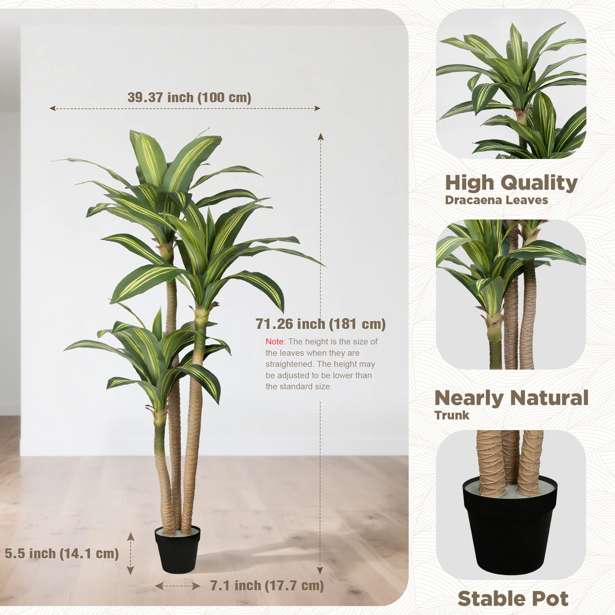 4ft/5ft/6ft Artificial Dracaena Tree in Pot - Realistic Faux Plastic Tropical Floor Plant with Easy Assembly, All-Season Indoor/Outdoor Decor for Home Office Living Room Porch, Housewarming Gift Perfect for Christmas Thanksgi