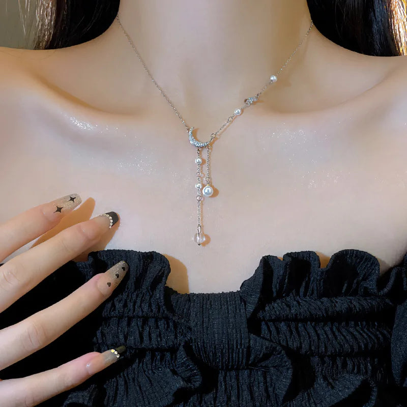 New 925 Sterling Silver Star Moon Necklace Pearl Tassel Collarbone Chain Sparkling Zircon Pendant Wedding Jewelry Accessories