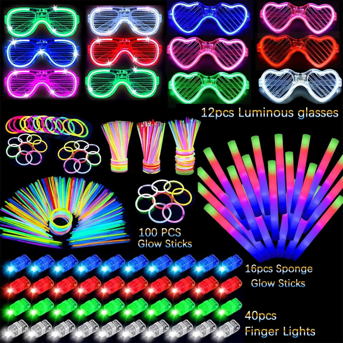 168 Pcs Glow In The Dark Party Supplies, Light Up Party Favors 12PCS LEDGlasses, 16PCs Foam Glow Sticks, 40PCs Finger Lights, 97pcs Glow Sticks ForWedding, Concert, Raves, Birthday Party Ring Gift For Halloween And ChristmasD