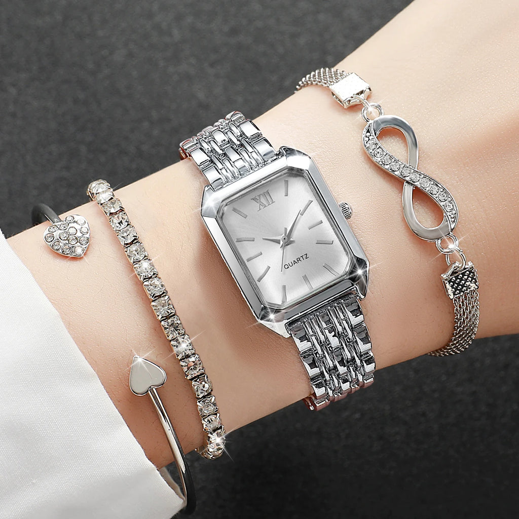 4PCS Fashion Women Watches Rhinestone Bracelets Set Elegant Rectangle Ladies Roma Quartz Wristwatch Reloj Mujer(Without Box)